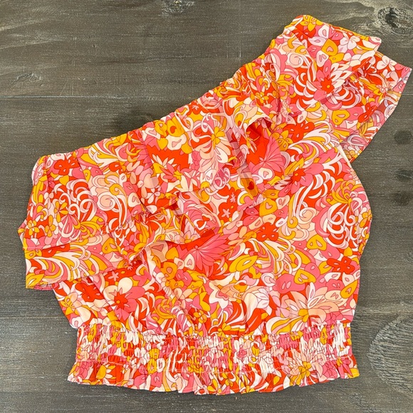 NWT Mellow Groove One Shoulder Ruffle Crop Top Floral Pink Size M - Picture 3 of 11